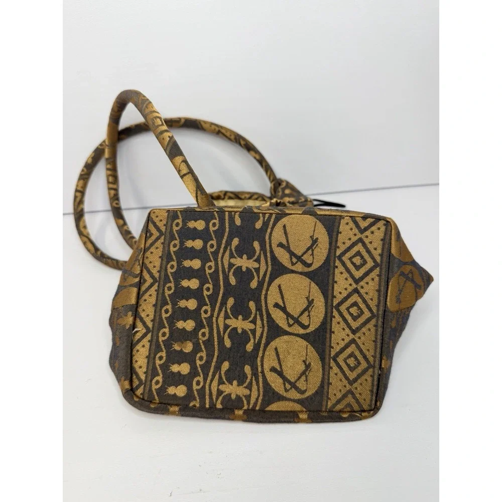 Vintage Gold Bronze Metallic Drawstring Pouch Handbag Geometric Evening Purse